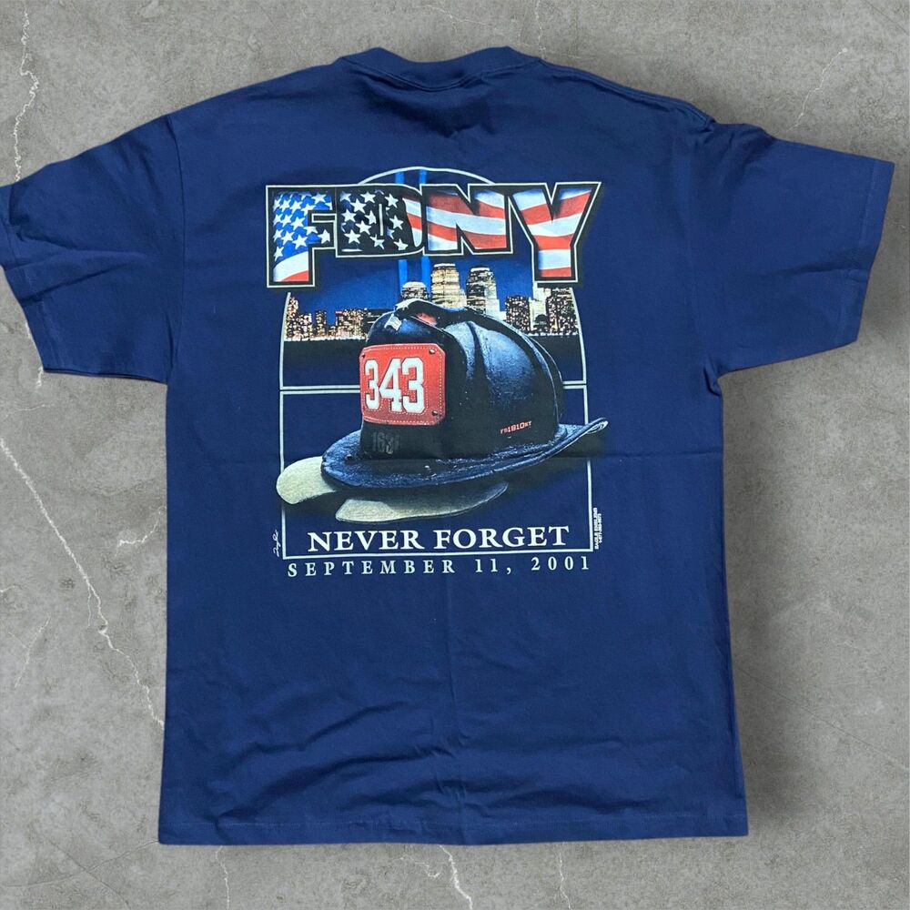 Port & Company Vintage Y2K 9/11 FDNY Never Forget Navy T-Shirt Men's Size Large